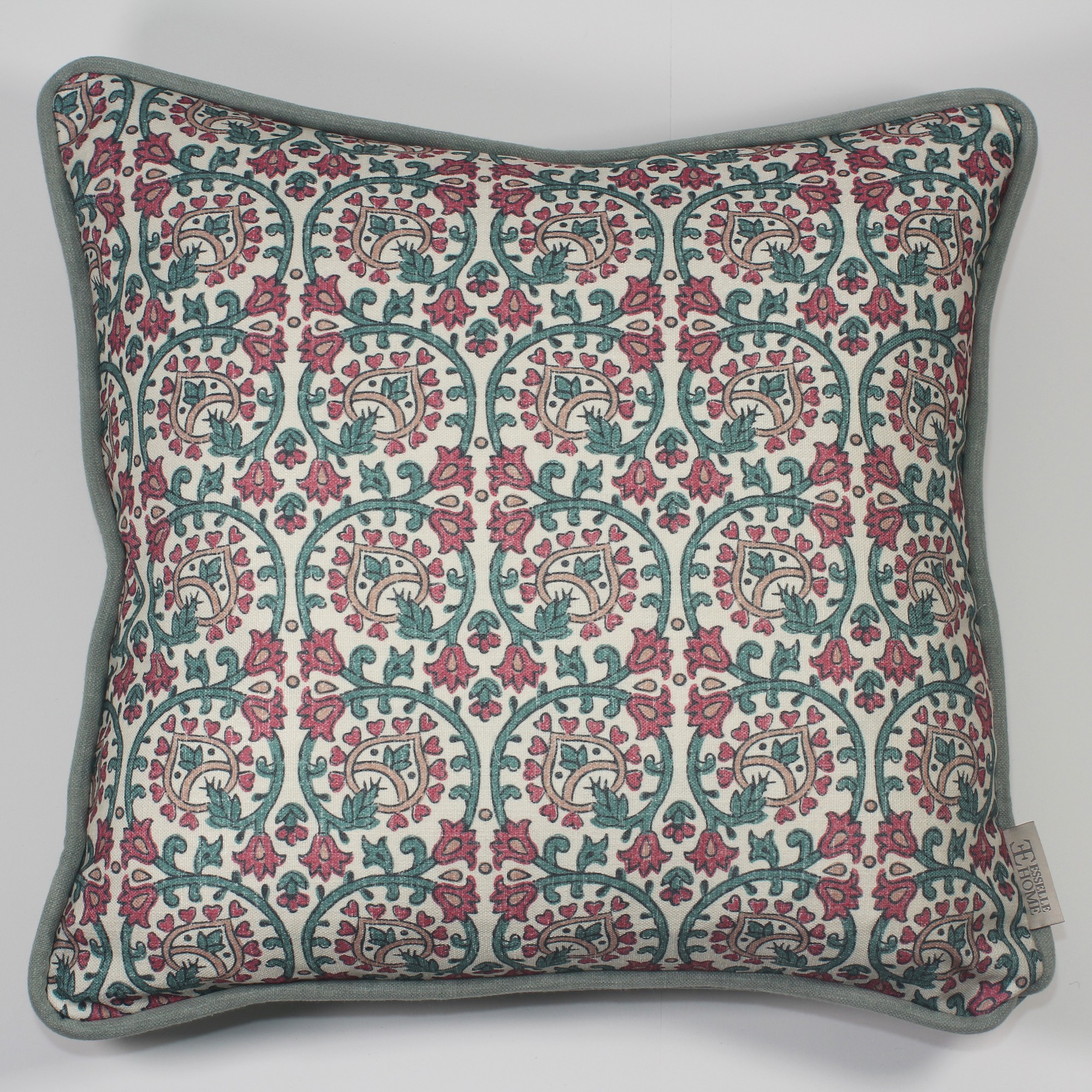 Veda Linen Floral Vine Cushion In Teal Raspberry